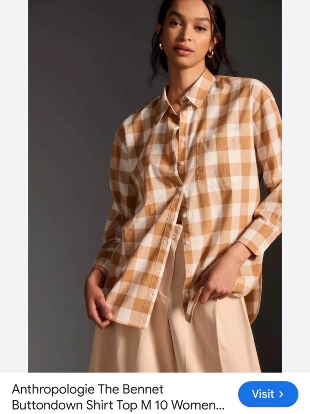 Anthropologie Checked Button-Down Shirt in Tan and White